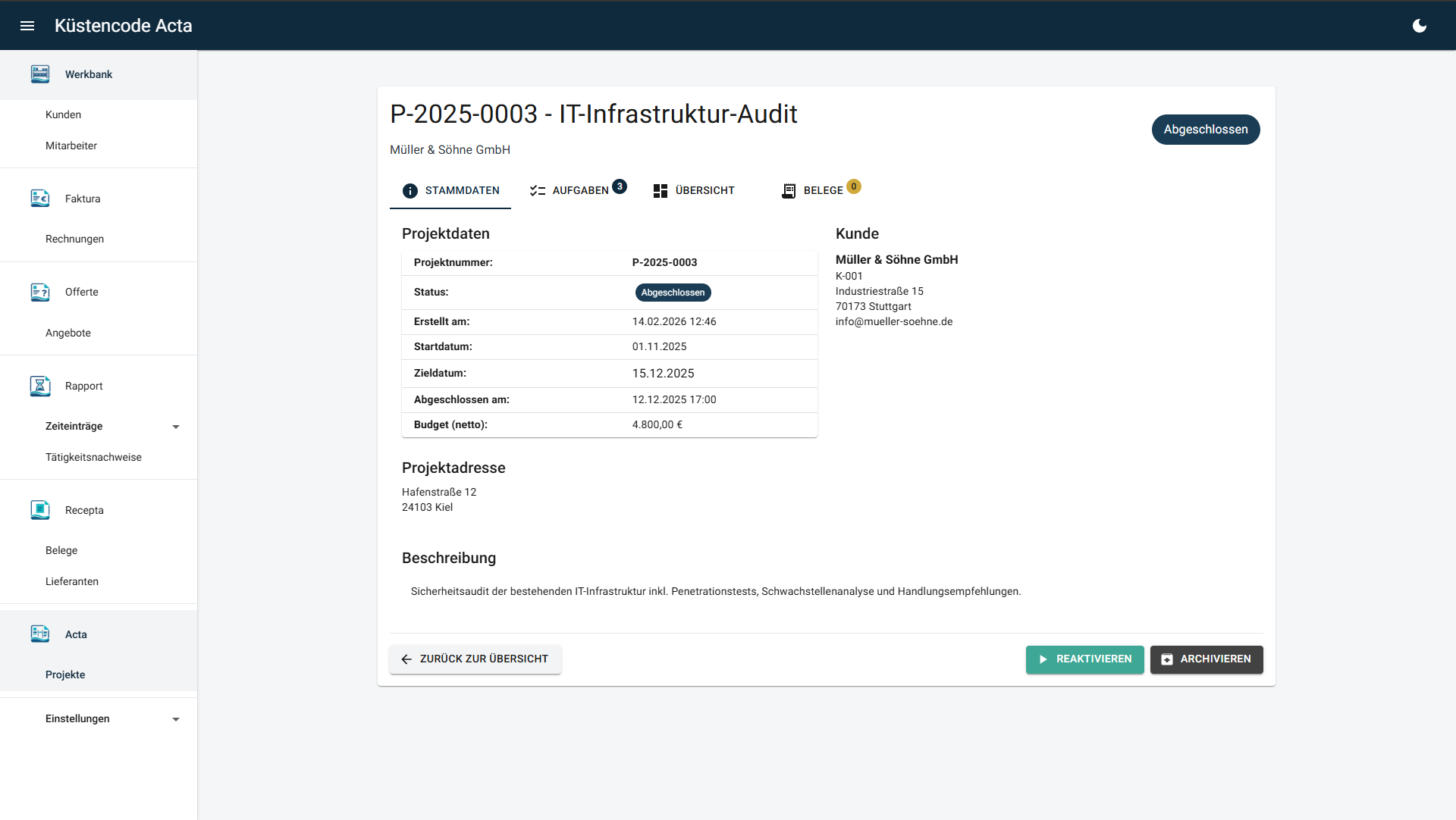 Acta - Projektdetails mit Stammdaten und Aufgaben