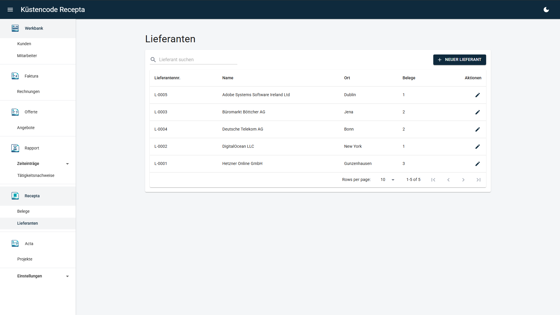 Recepta - Lieferantenverwaltung
