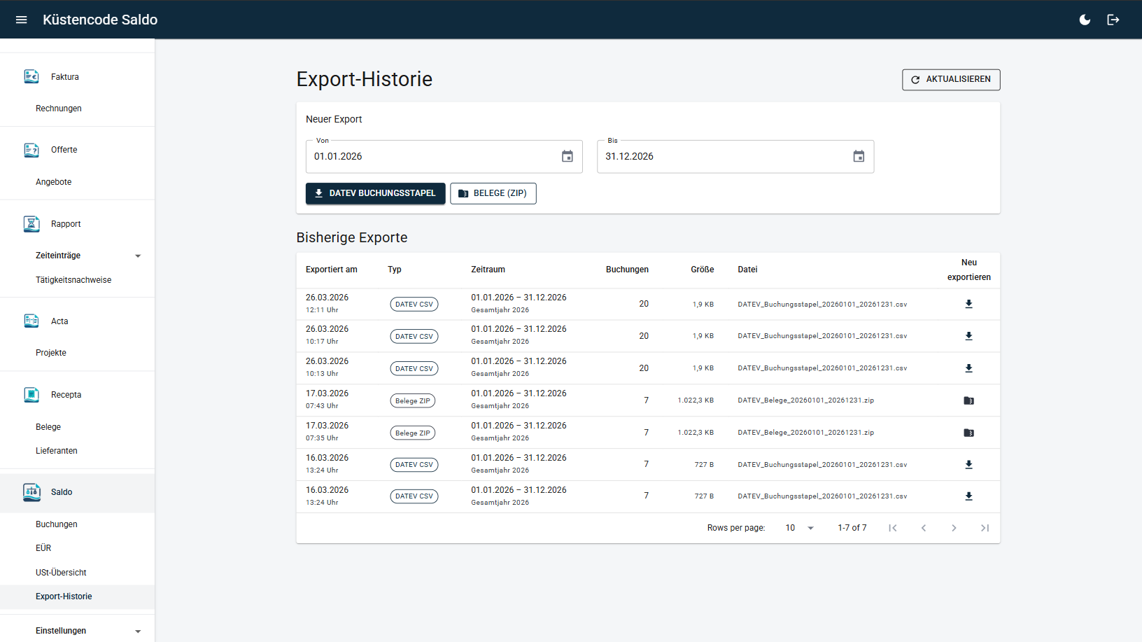 Saldo - Export-Historie