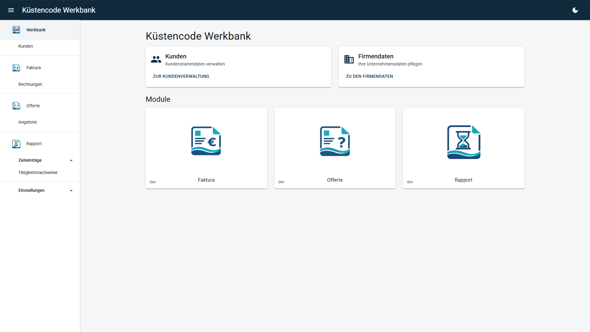 Werkbank - Modulübersicht und Dashboard